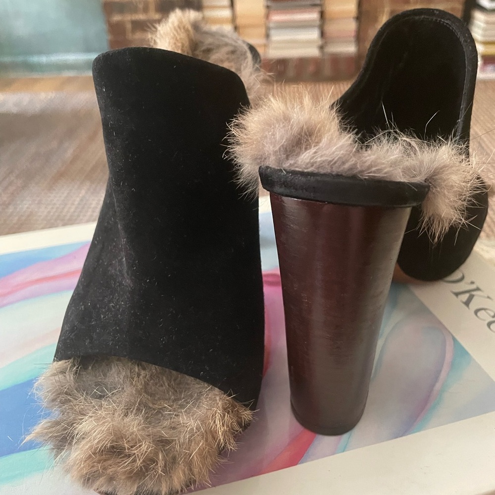 CELINE Black Fur Heeled Mules